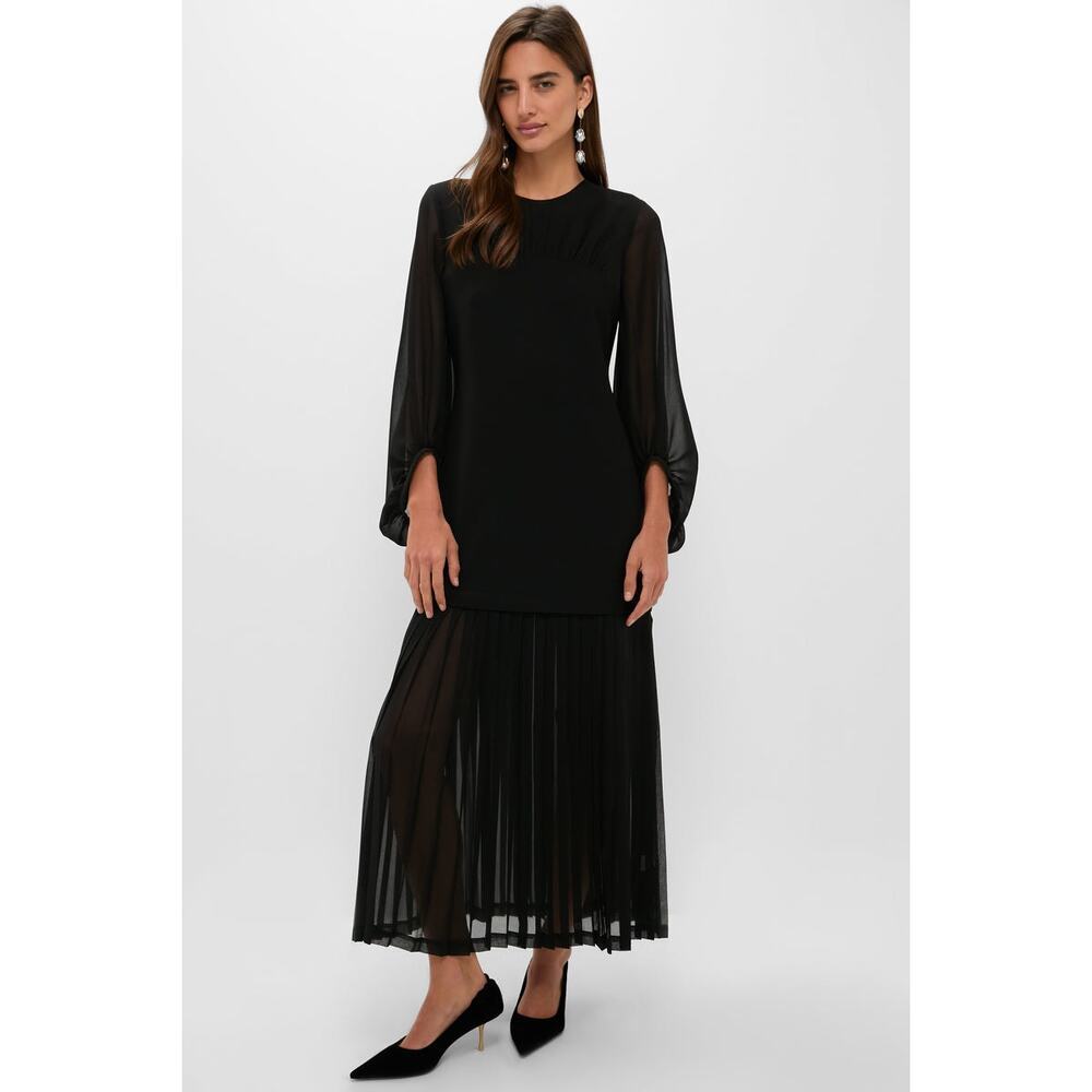 Tuckernuck Women's Black Chiffon Pleated Lorraine Dress Long Sleeve Size 10 NWT